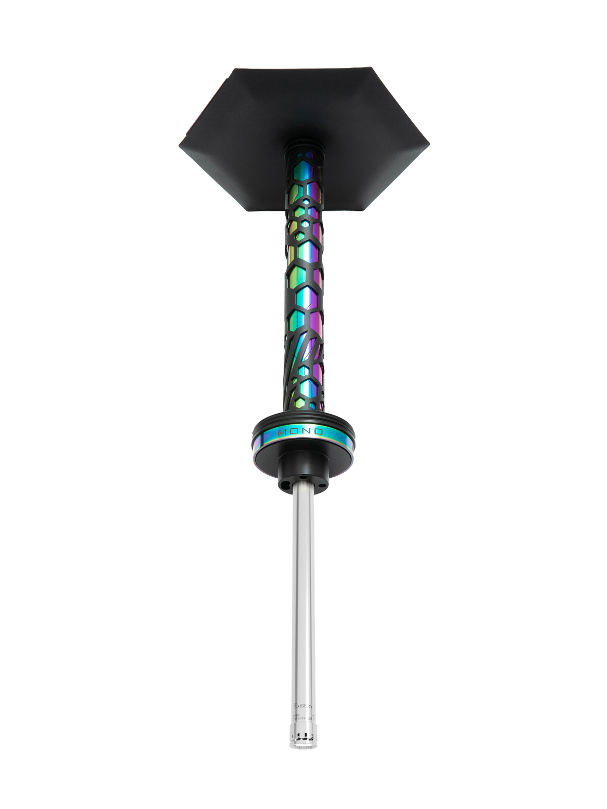 Embery Mono 4.0 Chameleon rainbow hookah with stainless steel diffuser downstem, full side view