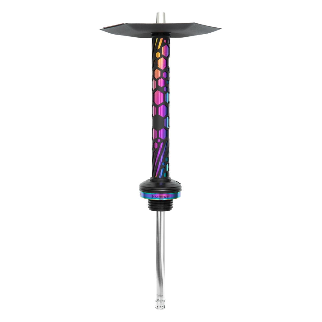 Embery Mono 4.0 Chameleon hookah stem with iridescent rainbow finish and hexagonal plate, top view