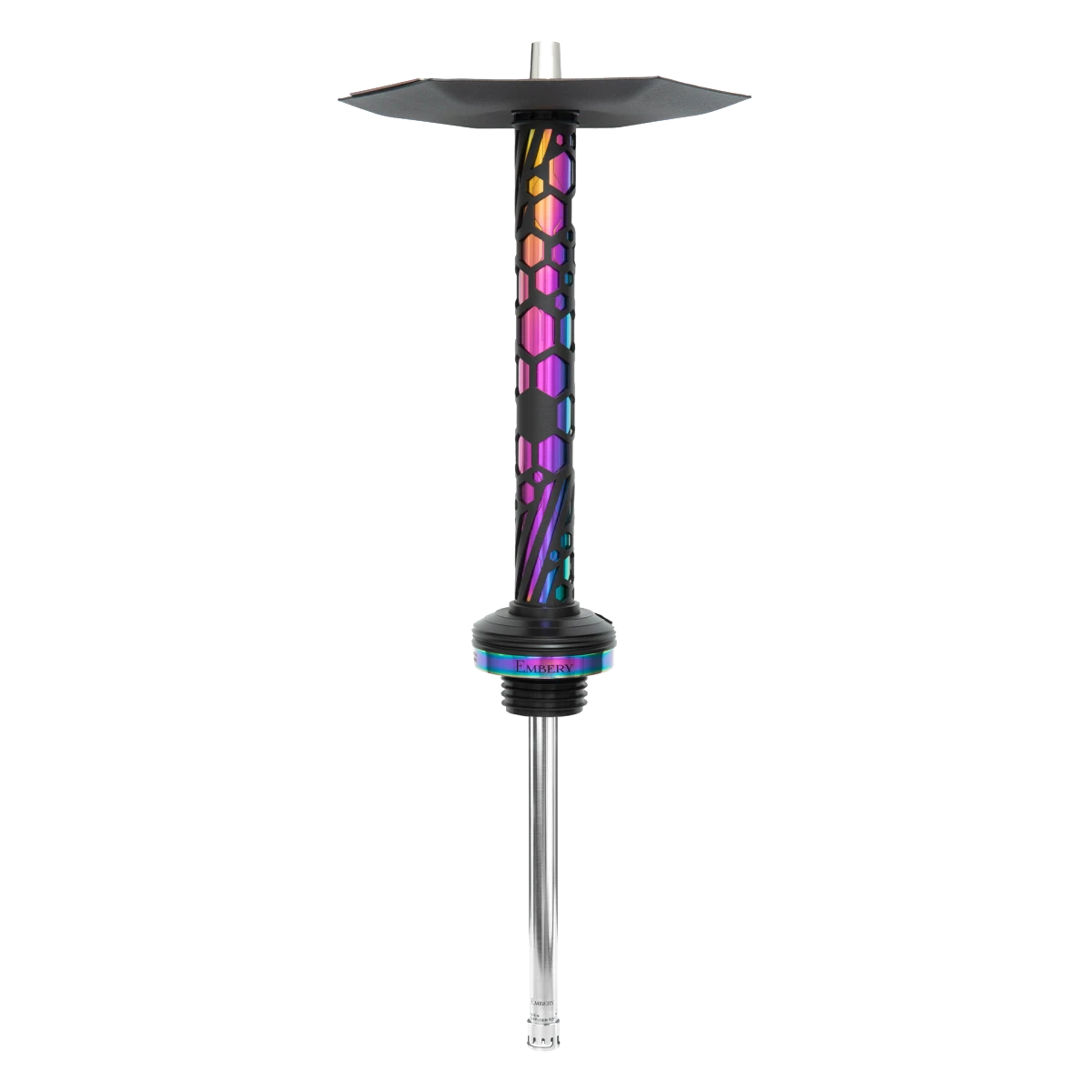 Embery Mono 4.0 Chameleon hookah stem with iridescent rainbow finish and hexagonal plate, top view
