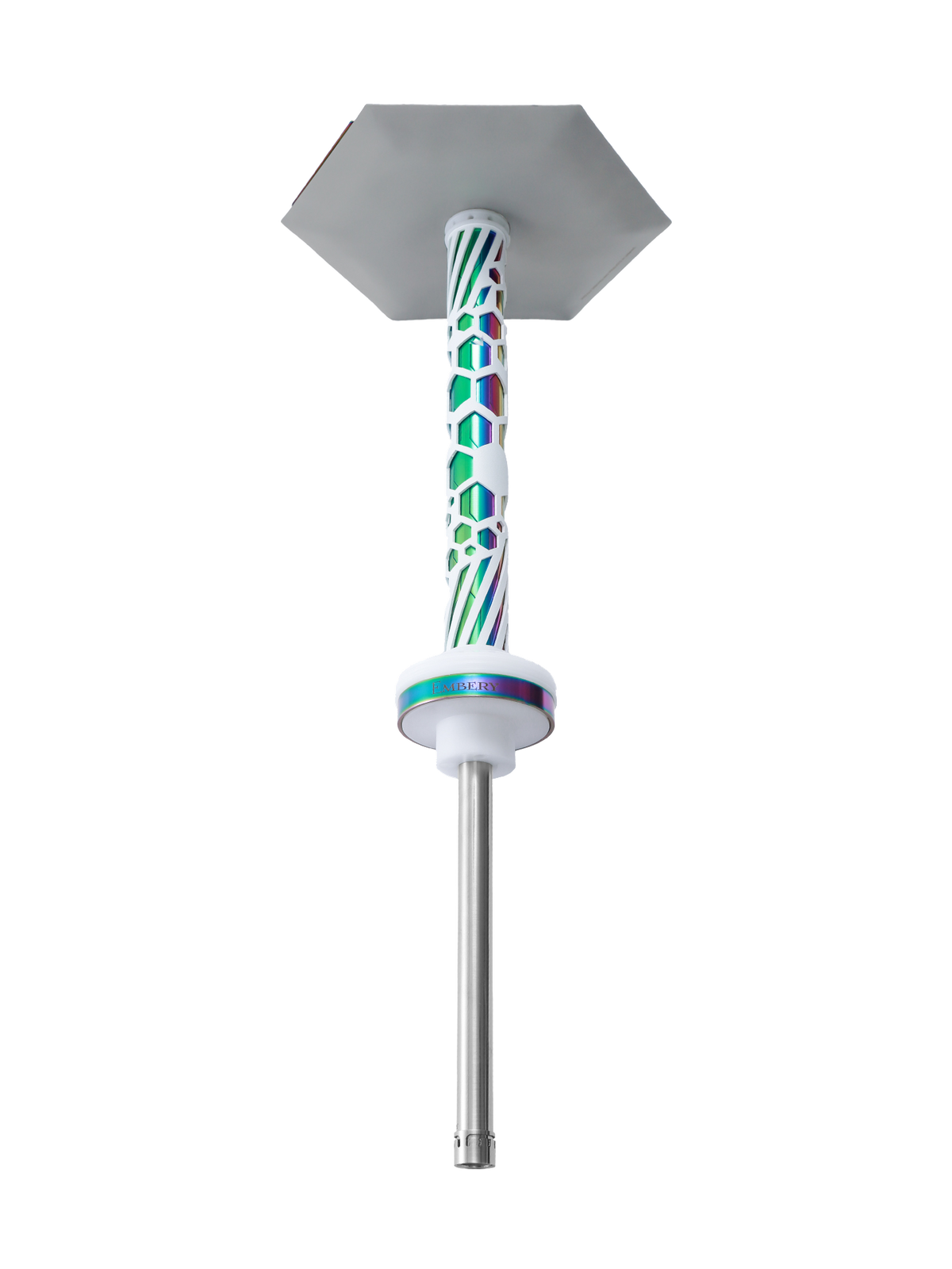 Embery Mono 4.0 Snow Chameleon white rainbow hookah with stainless steel diffuser downstem, full side view