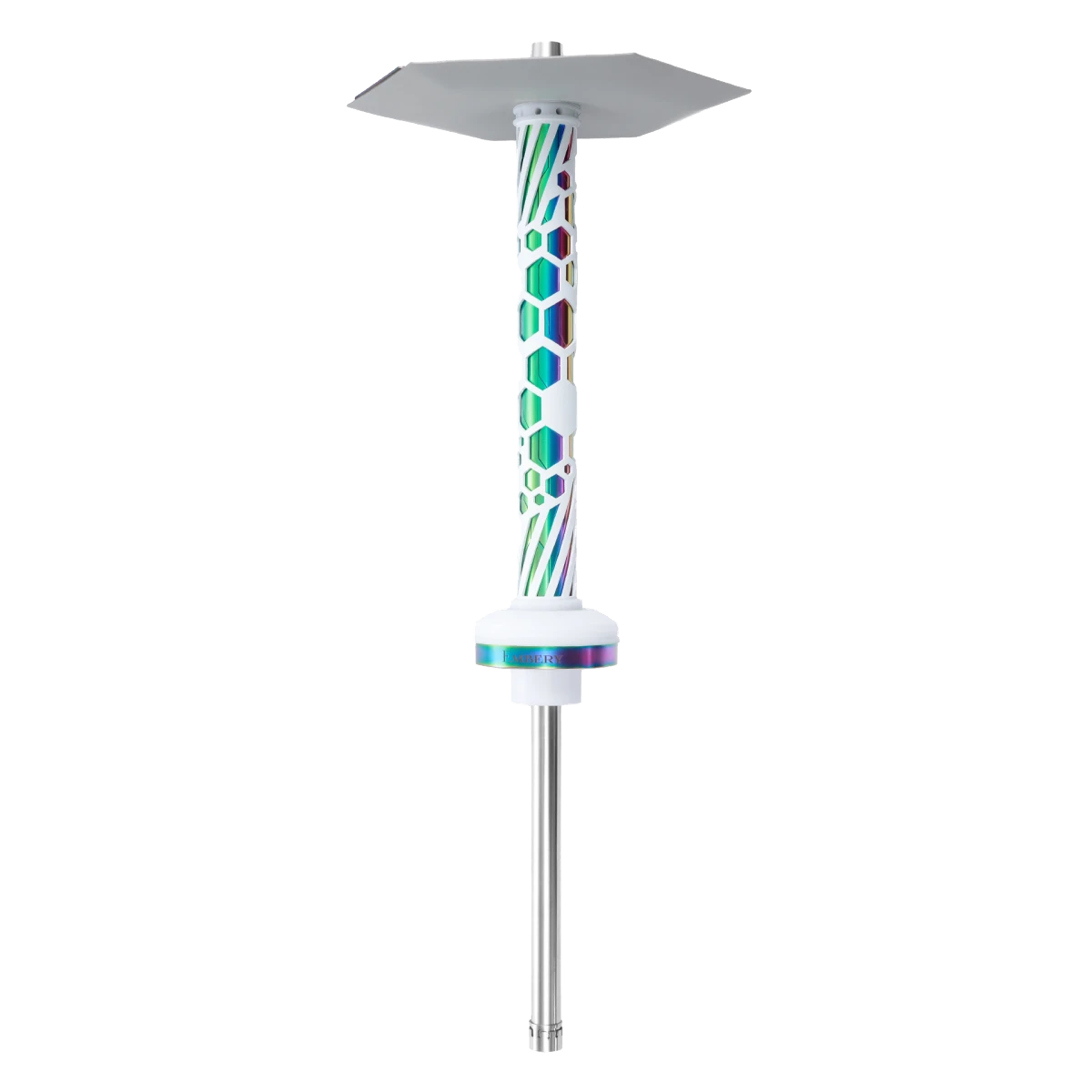 Embery Mono 4.0 Snow Chameleon hookah white stem with iridescent rainbow core and hexagonal plate, top view